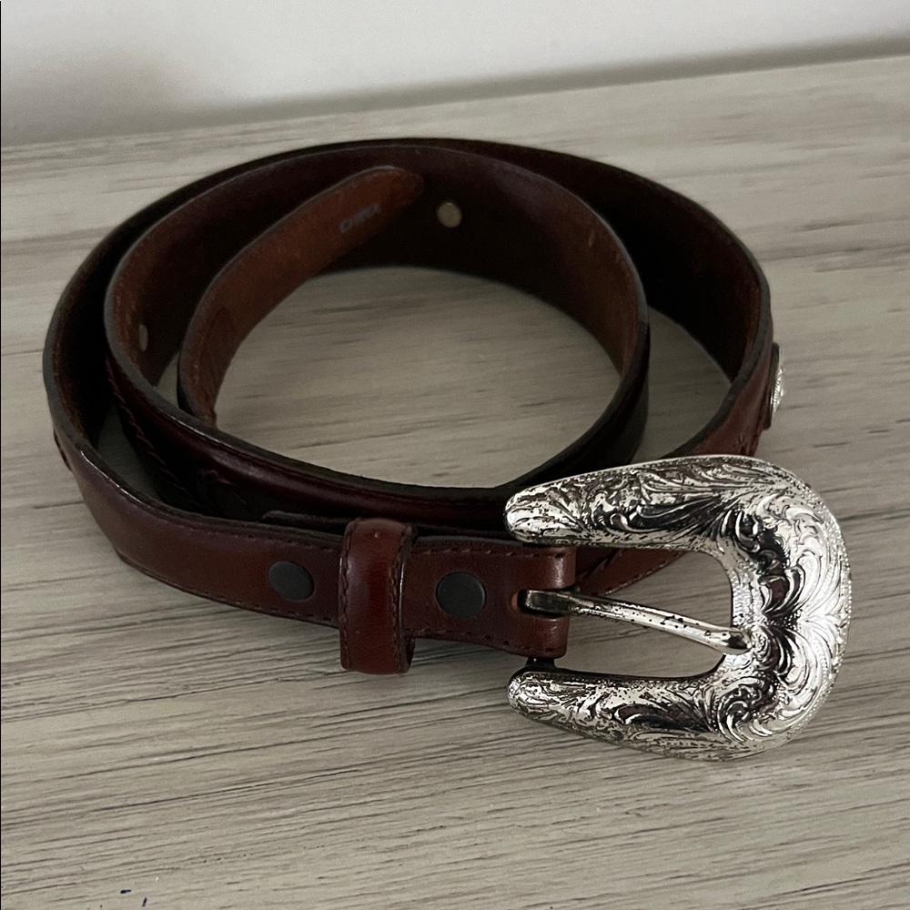 Tony Lama Women's Brown Leather Belt with Ornate Silver Buckle